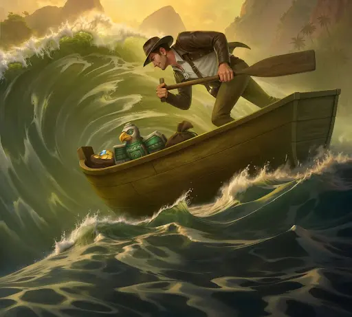 Explorateur luttant contre une vague puissante en ramant dans une barque chargée d’objets précieux, illustrant la gestion du risque et la progression continue après la connexion à sankra casino