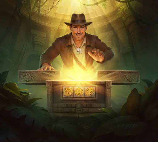 Aventurier souriant ouvrant un autel ancien baigné de lumière dorée au cœur d’un temple oublié, symbolisant la découverte de récompenses cachées et l’accès à un bonus de casino sankra dans un univers de jeu immersif