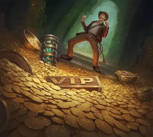Explorateur exultant au milieu d’un trésor monumental marqué VIP dans une salle secrète du temple, illustrant l’accès à des privilèges exclusifs et à des avantages étendus grâce au bonus de casino sankra