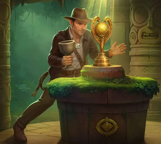 Explorateur concentré tenant une coupe ancienne face à un artefact doré posé sur un socle de pierre dans un temple envahi par la végétation, symbolisant un moment décisif et l’accès aux opportunités après l’inscription sur sankra casino